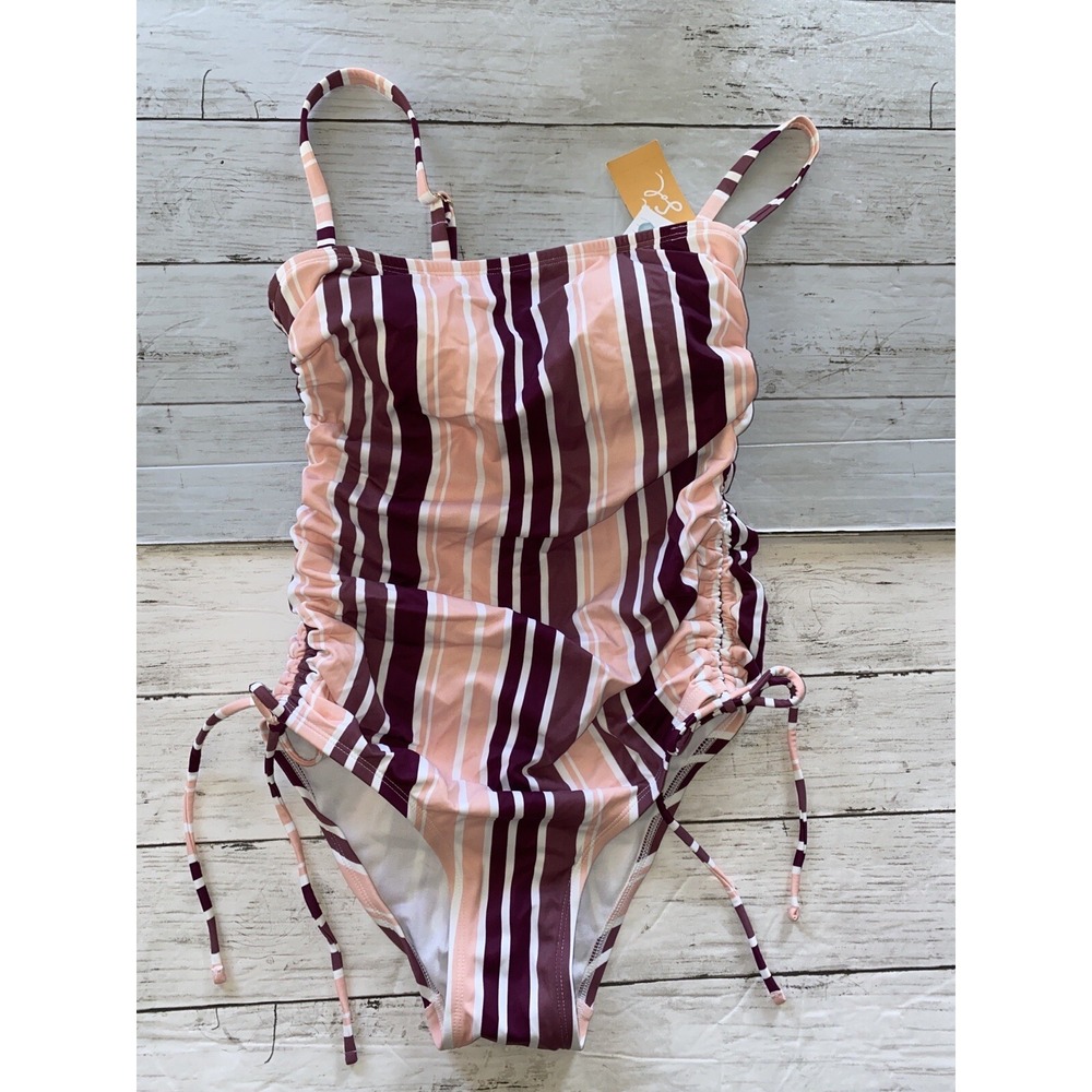 Kona Sol Swimsuit Women's Small Pink Stripe High Coverage Side Tie One Piece NEW